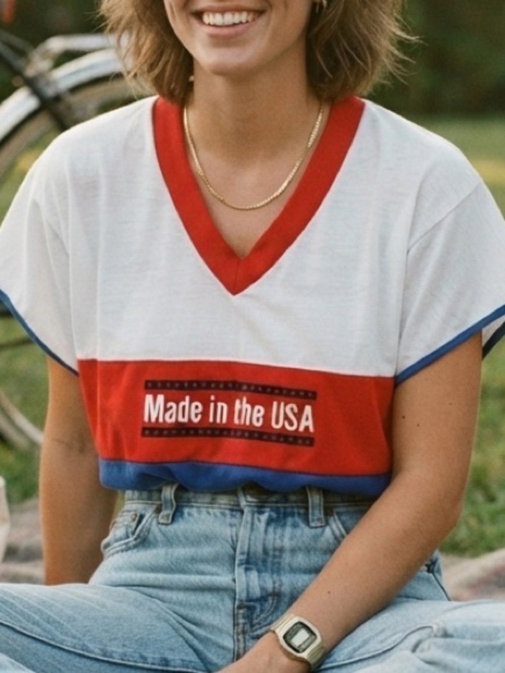 Vintage 80s Colorblock V Neck T Shirt USA Made Boxy Cropped Oversized Tee